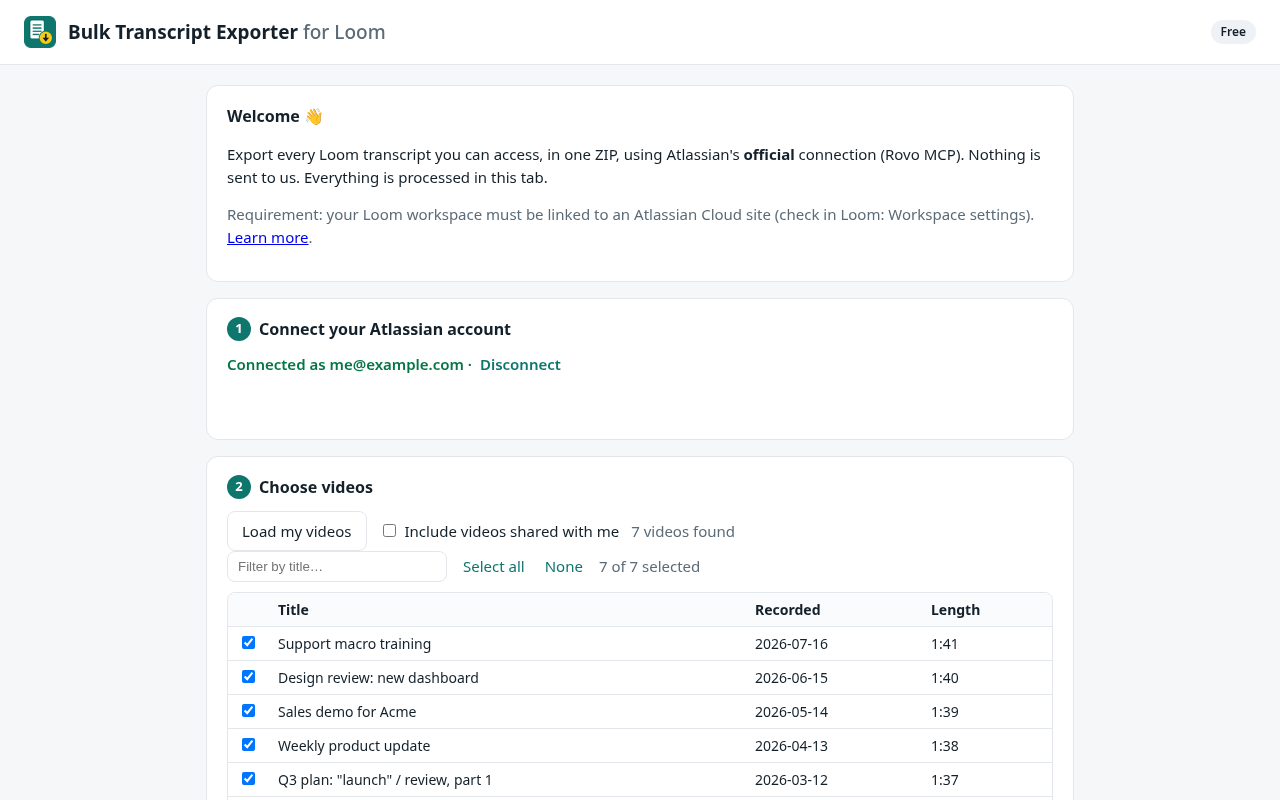 Exporter showing a list of Loom videos selected for export