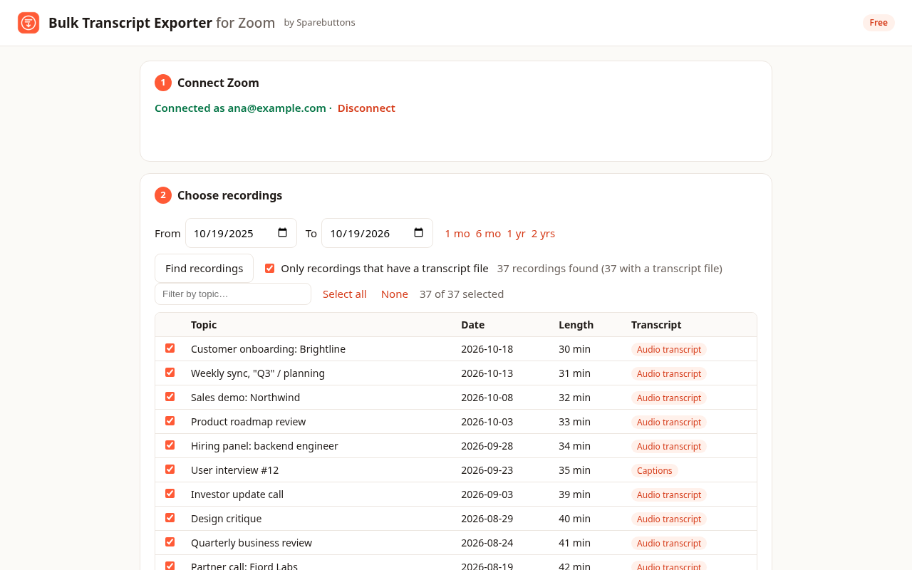 Exporter showing a list of Zoom cloud recordings with transcripts, selected for export