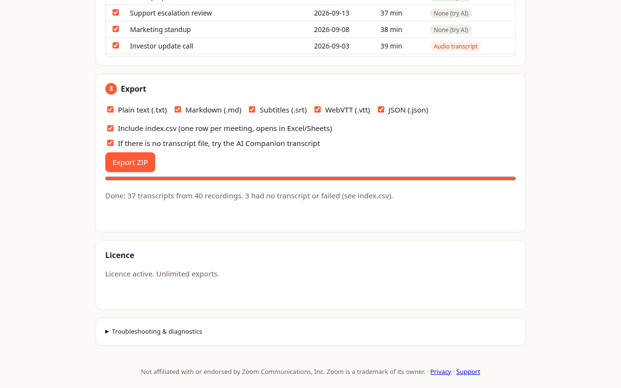 Export options: plain text, Markdown, subtitles, JSON, a CSV index and AI Companion fallback
